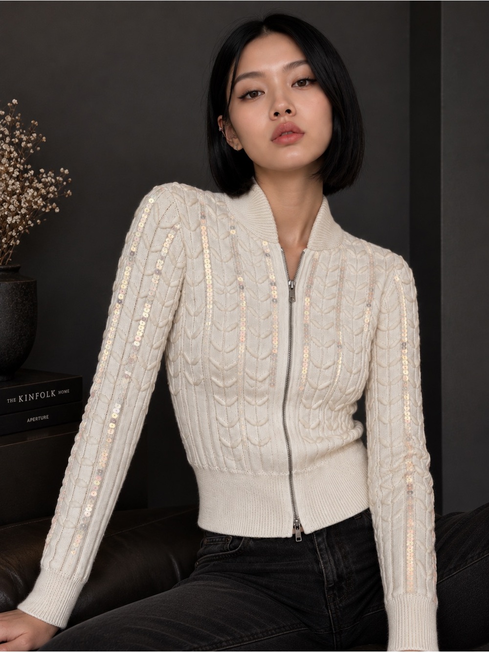 Armani Exchange Y2K Sequin Sweater Embellished Fitted Zip Cardigan Ivory S Fall